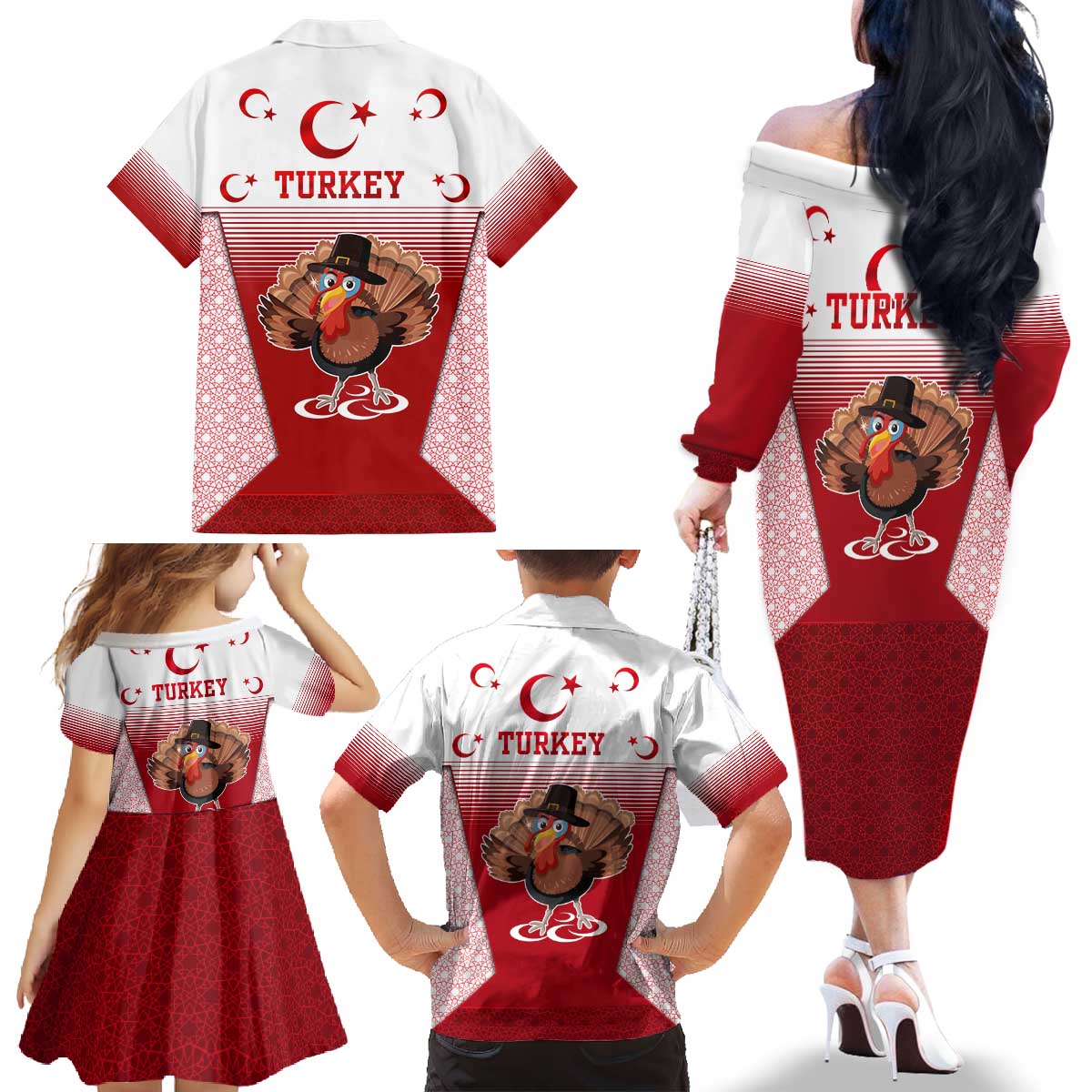 Turkey National Emblem and Cartoon Turkey Bird Family Matching Off The Shoulder Long Sleeve Dress and Hawaiian Shirt with Red and White Gradient Design