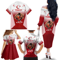 Turkey National Emblem and Cartoon Turkey Bird Family Matching Off The Shoulder Long Sleeve Dress and Hawaiian Shirt with Red and White Gradient Design