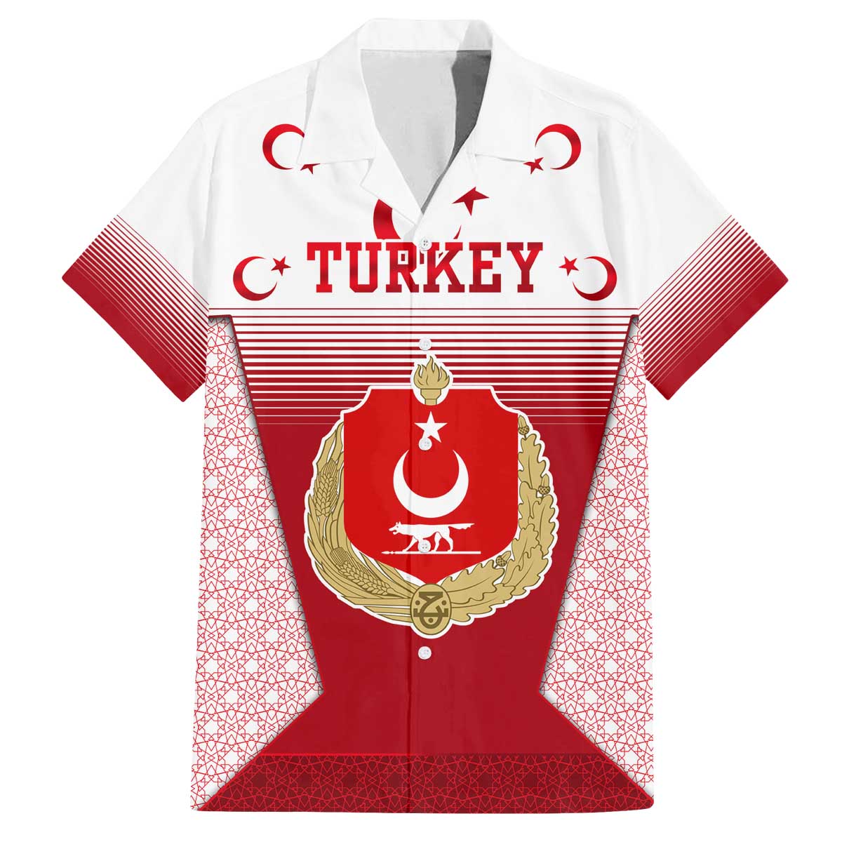 Turkey National Emblem and Cartoon Turkey Bird Family Matching Off The Shoulder Long Sleeve Dress and Hawaiian Shirt with Red and White Gradient Design