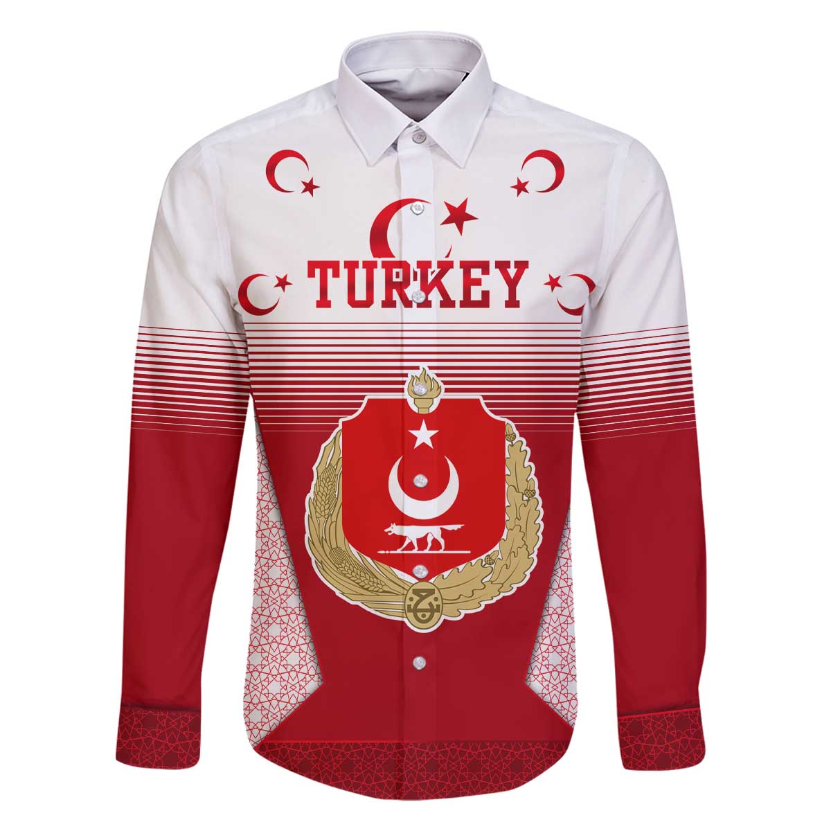 Turkey National Emblem and Cartoon Turkey Bird Family Matching Off The Shoulder Long Sleeve Dress and Hawaiian Shirt with Red and White Gradient Design
