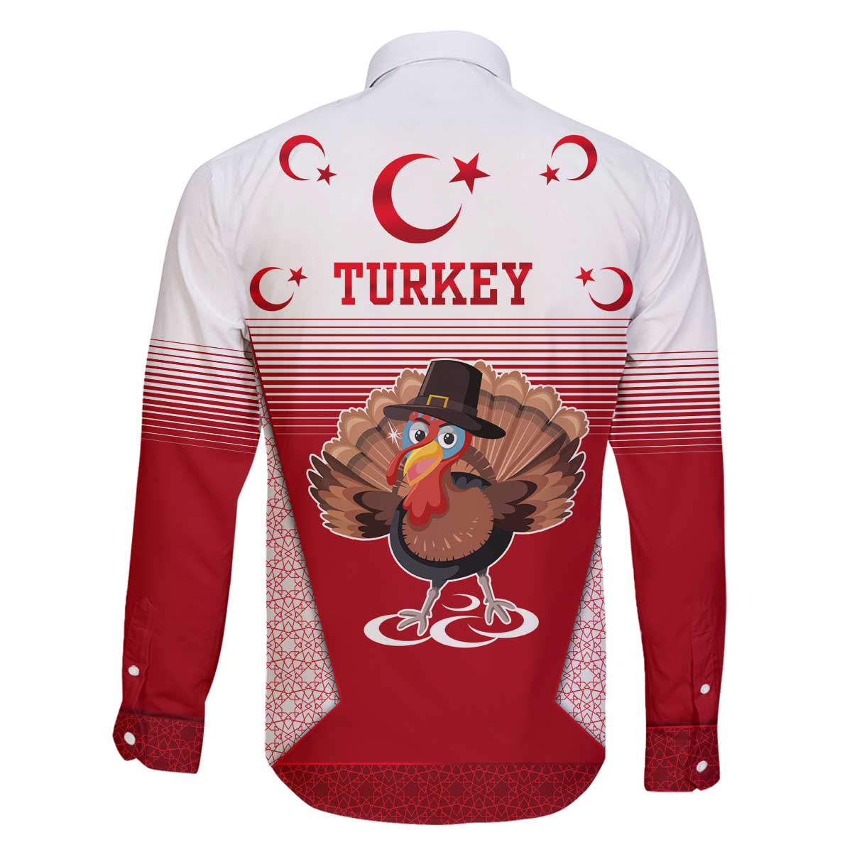 Turkey National Emblem and Cartoon Turkey Bird Family Matching Off The Shoulder Long Sleeve Dress and Hawaiian Shirt with Red and White Gradient Design