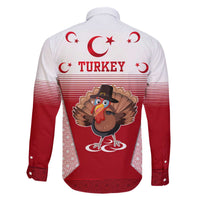 Turkey National Emblem and Cartoon Turkey Bird Family Matching Off The Shoulder Long Sleeve Dress and Hawaiian Shirt with Red and White Gradient Design