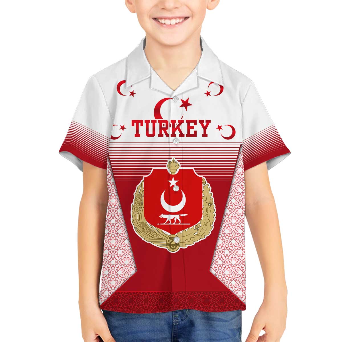Turkey National Emblem and Cartoon Turkey Bird Family Matching Off The Shoulder Long Sleeve Dress and Hawaiian Shirt with Red and White Gradient Design
