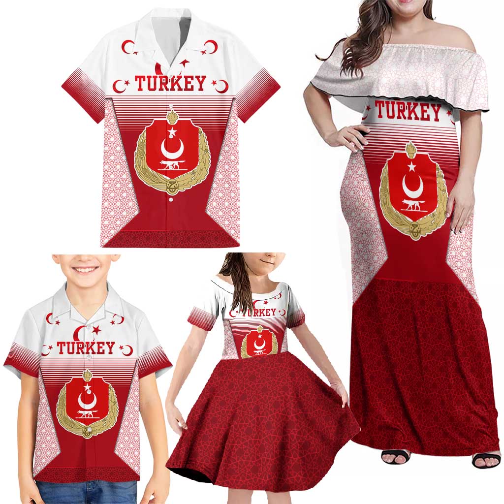 Turkey National Emblem and Cartoon Turkey Bird Family Matching Off Shoulder Maxi Dress and Hawaiian Shirt with Red and White Gradient Design