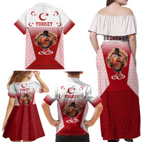 Turkey National Emblem and Cartoon Turkey Bird Family Matching Off Shoulder Maxi Dress and Hawaiian Shirt with Red and White Gradient Design