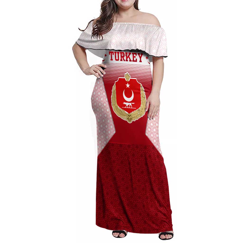 Turkey National Emblem and Cartoon Turkey Bird Family Matching Off Shoulder Maxi Dress and Hawaiian Shirt with Red and White Gradient Design