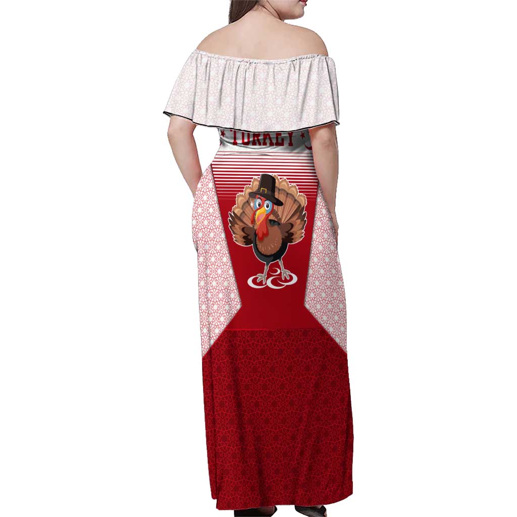 Turkey National Emblem and Cartoon Turkey Bird Family Matching Off Shoulder Maxi Dress and Hawaiian Shirt with Red and White Gradient Design