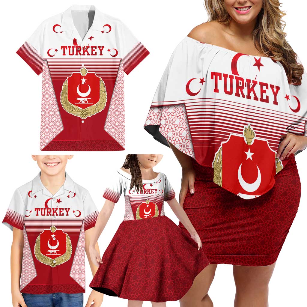 Turkey National Emblem and Cartoon Turkey Bird Family Matching Off Shoulder Short Dress and Hawaiian Shirt with Red and White Gradient Design