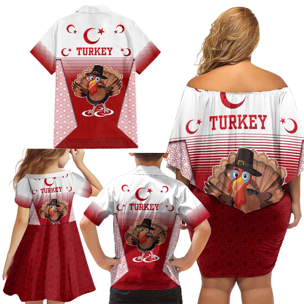 Turkey National Emblem and Cartoon Turkey Bird Family Matching Off Shoulder Short Dress and Hawaiian Shirt with Red and White Gradient Design