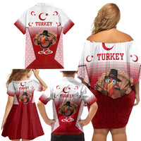 Turkey National Emblem and Cartoon Turkey Bird Family Matching Off Shoulder Short Dress and Hawaiian Shirt with Red and White Gradient Design