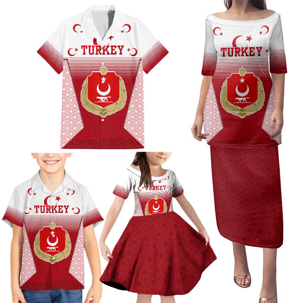 Turkey National Emblem and Cartoon Turkey Bird Family Matching Puletasi and Hawaiian Shirt with Red and White Gradient Design