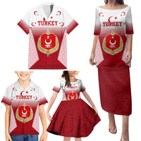 Turkey National Emblem and Cartoon Turkey Bird Family Matching Puletasi and Hawaiian Shirt with Red and White Gradient Design