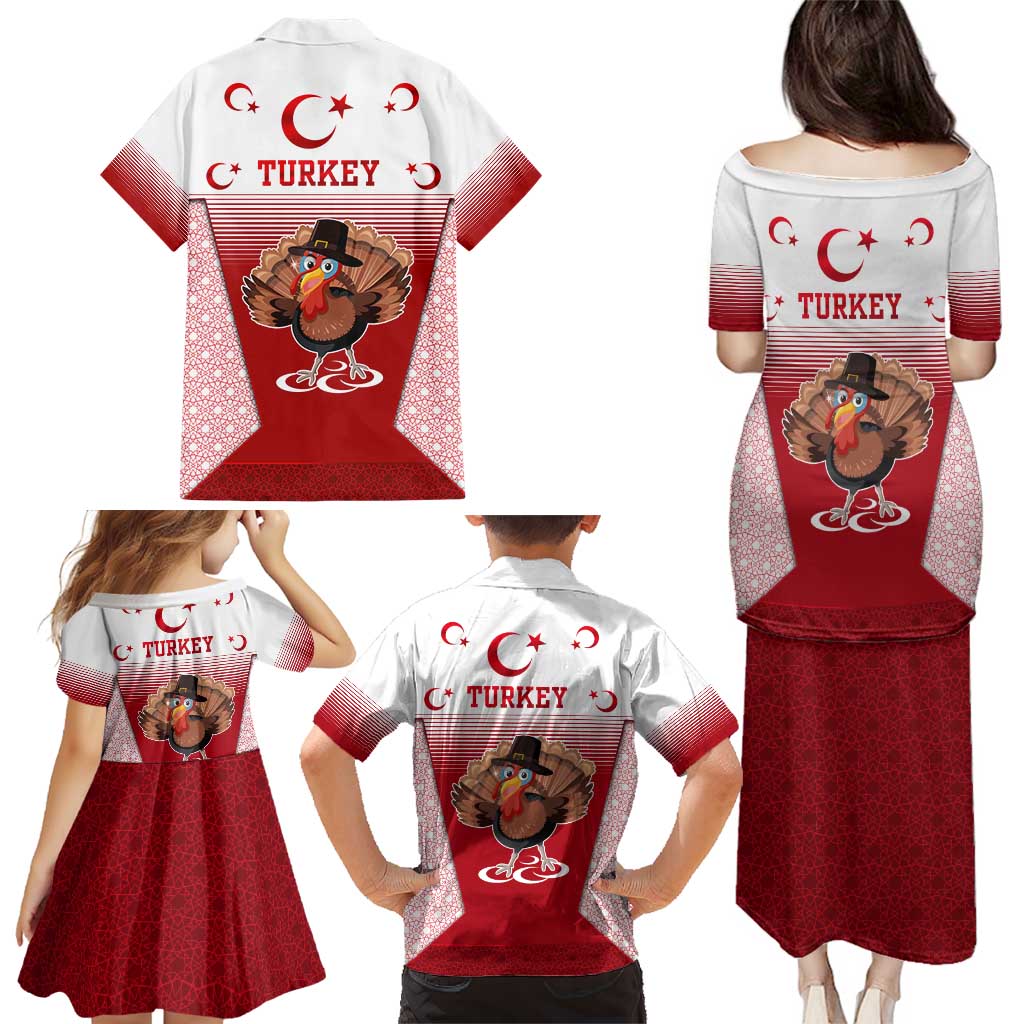 Turkey National Emblem and Cartoon Turkey Bird Family Matching Puletasi and Hawaiian Shirt with Red and White Gradient Design