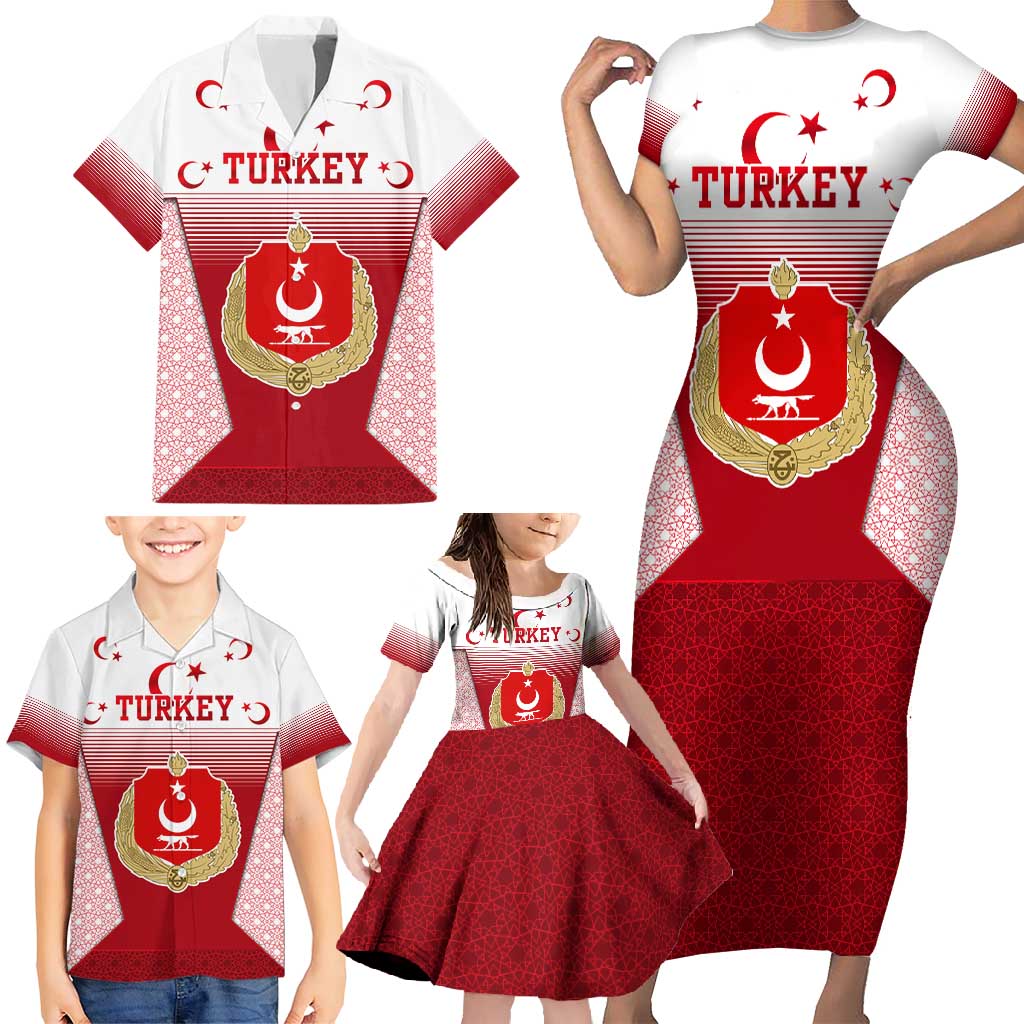 Turkey National Emblem and Cartoon Turkey Bird Family Matching Short Sleeve Bodycon Dress and Hawaiian Shirt with Red and White Gradient Design
