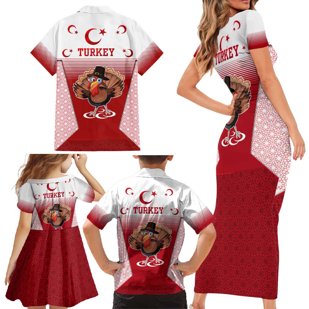 Turkey National Emblem and Cartoon Turkey Bird Family Matching Short Sleeve Bodycon Dress and Hawaiian Shirt with Red and White Gradient Design