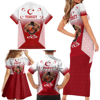 Turkey National Emblem and Cartoon Turkey Bird Family Matching Short Sleeve Bodycon Dress and Hawaiian Shirt with Red and White Gradient Design