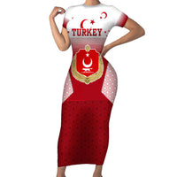 Turkey National Emblem and Cartoon Turkey Bird Family Matching Short Sleeve Bodycon Dress and Hawaiian Shirt with Red and White Gradient Design