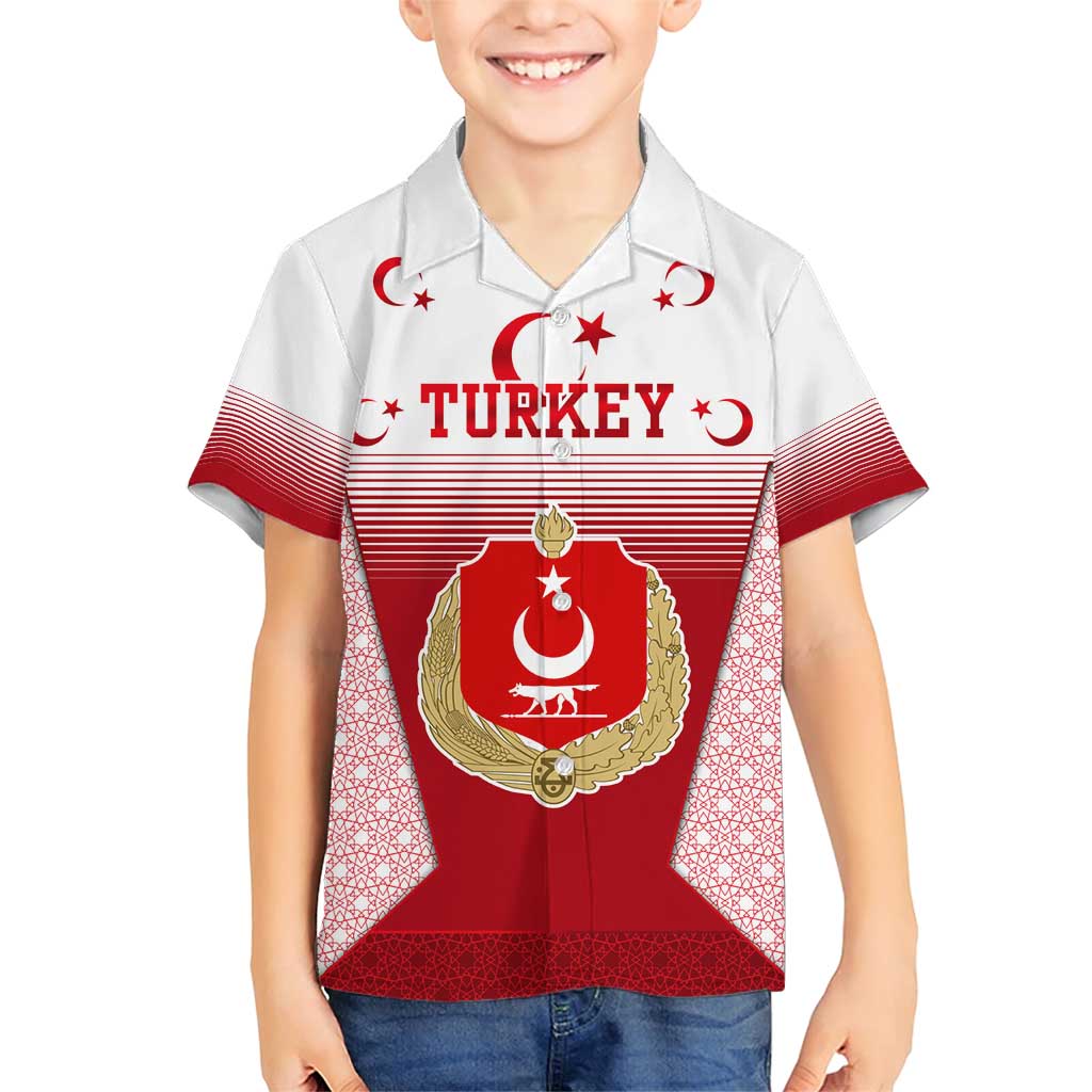 Turkey National Emblem and Cartoon Turkey Bird Family Matching Short Sleeve Bodycon Dress and Hawaiian Shirt with Red and White Gradient Design