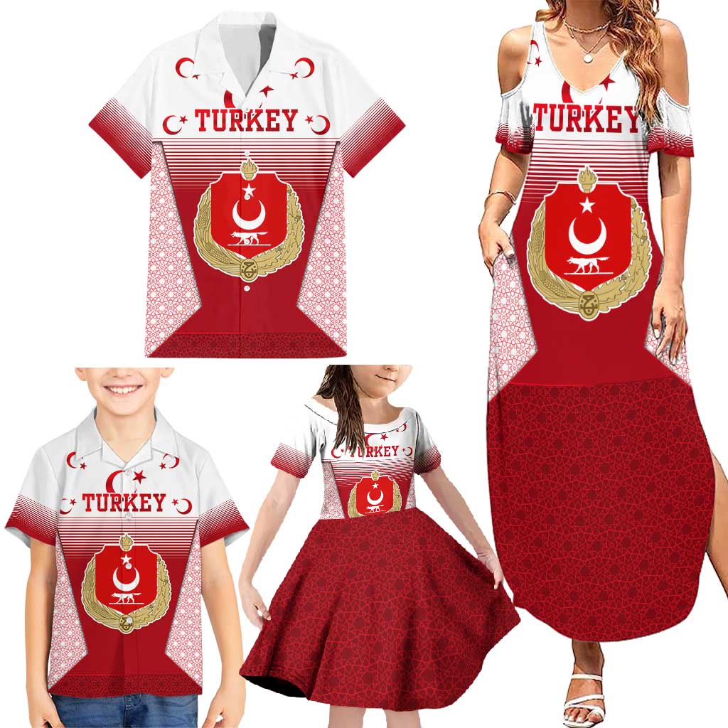 Turkey National Emblem and Cartoon Turkey Bird Family Matching Summer Maxi Dress and Hawaiian Shirt with Red and White Gradient Design