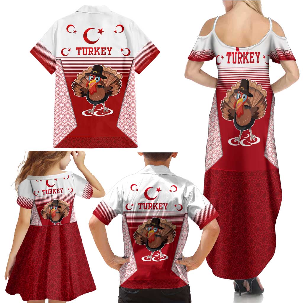 Turkey National Emblem and Cartoon Turkey Bird Family Matching Summer Maxi Dress and Hawaiian Shirt with Red and White Gradient Design