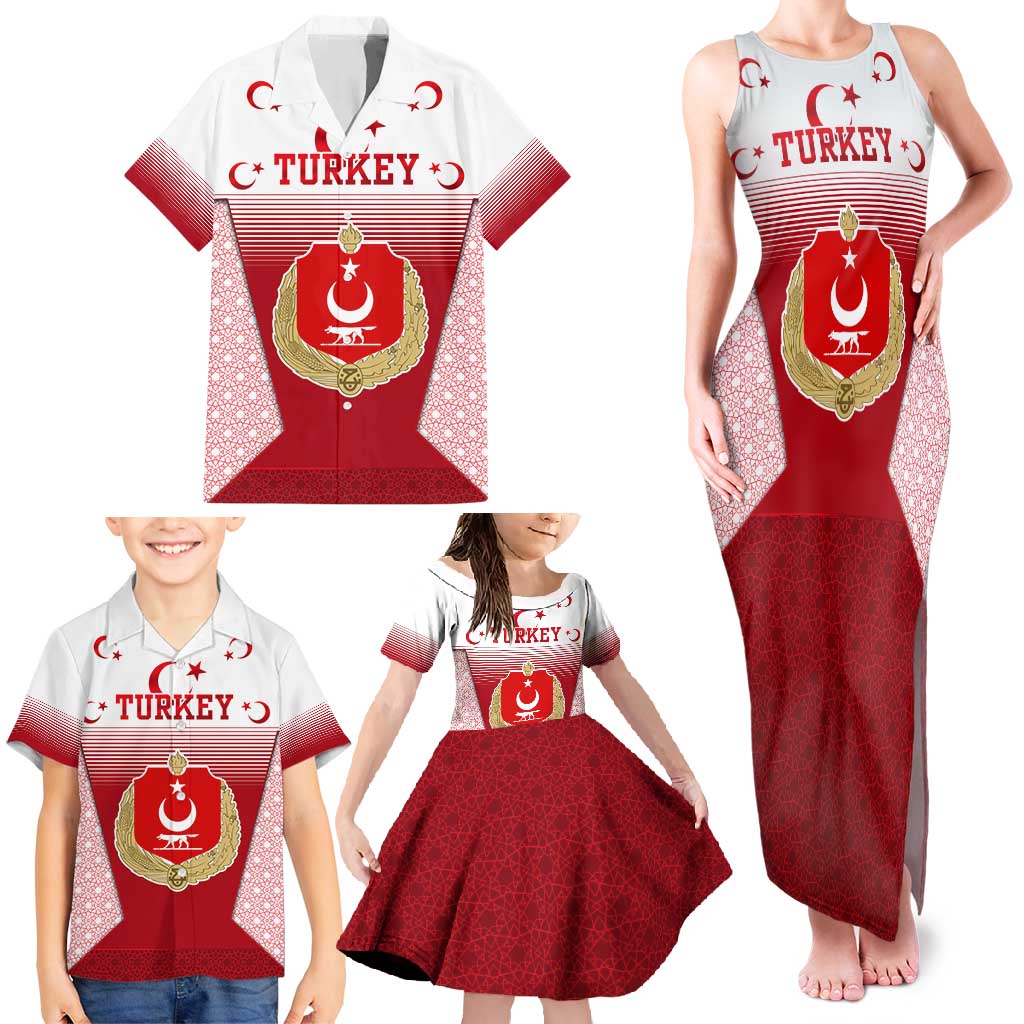 Turkey National Emblem and Cartoon Turkey Bird Family Matching Tank Maxi Dress and Hawaiian Shirt with Red and White Gradient Design