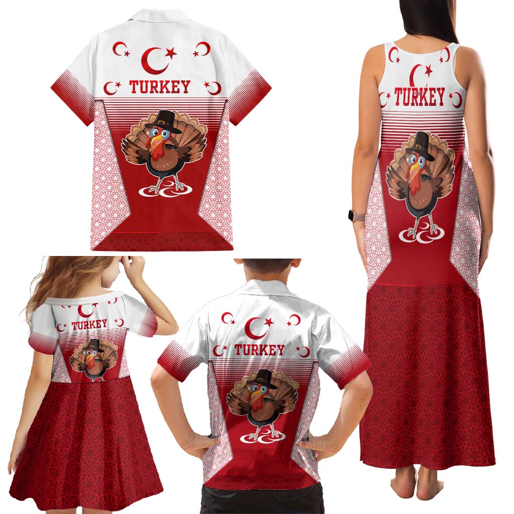 Turkey National Emblem and Cartoon Turkey Bird Family Matching Tank Maxi Dress and Hawaiian Shirt with Red and White Gradient Design