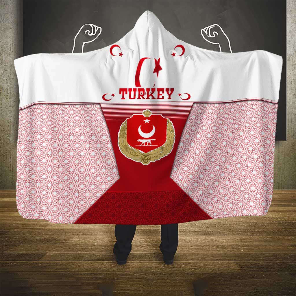 Turkey National Emblem and Cartoon Turkey Bird Hooded Blanket with Red and White Gradient Design