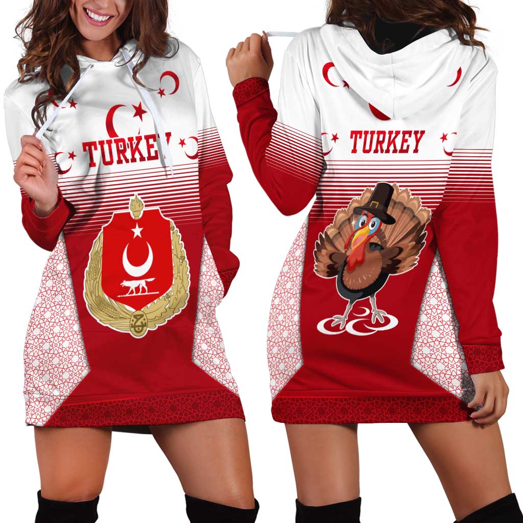 Turkey National Emblem and Cartoon Turkey Bird Hoodie Dress with Red and White Gradient Design