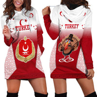 Turkey National Emblem and Cartoon Turkey Bird Hoodie Dress with Red and White Gradient Design