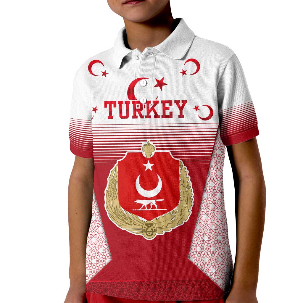 Turkey National Emblem and Cartoon Turkey Bird Kid Polo Shirt with Red and White Gradient Design