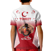 Turkey National Emblem and Cartoon Turkey Bird Kid Polo Shirt with Red and White Gradient Design