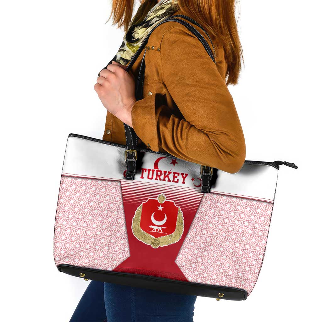 Turkey National Emblem and Cartoon Turkey Bird Leather Tote Bag with Red and White Gradient Design