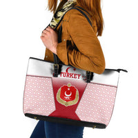 Turkey National Emblem and Cartoon Turkey Bird Leather Tote Bag with Red and White Gradient Design