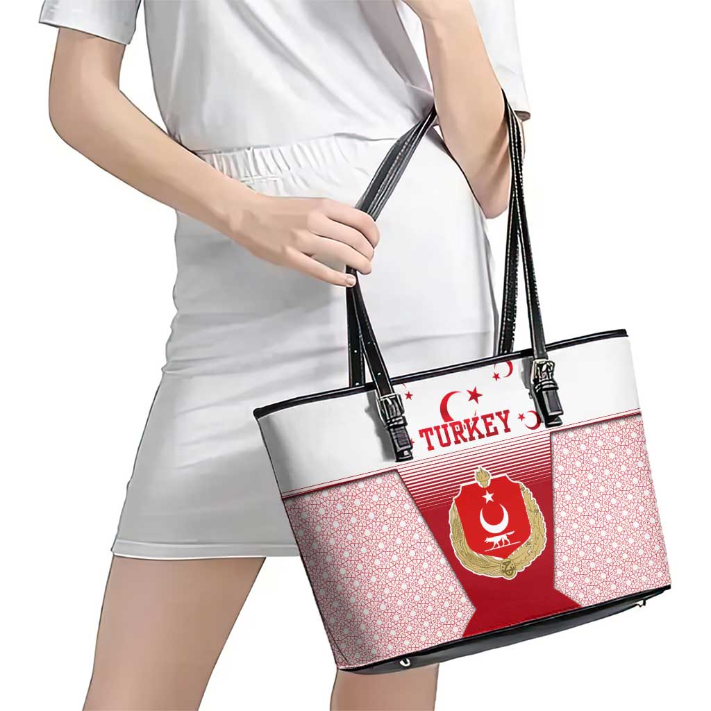 Turkey National Emblem and Cartoon Turkey Bird Leather Tote Bag with Red and White Gradient Design