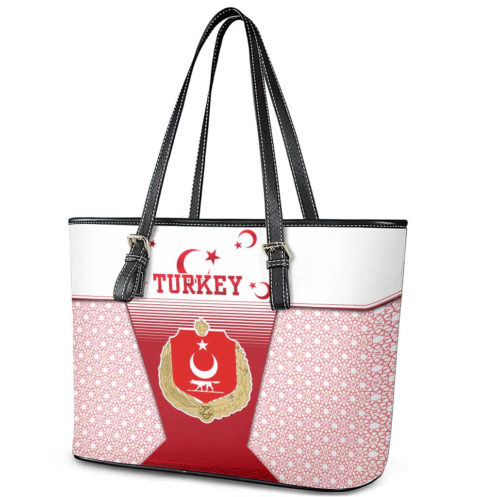 Turkey National Emblem and Cartoon Turkey Bird Leather Tote Bag with Red and White Gradient Design