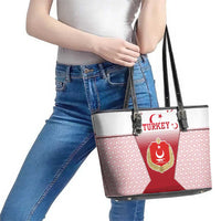 Turkey National Emblem and Cartoon Turkey Bird Leather Tote Bag with Red and White Gradient Design