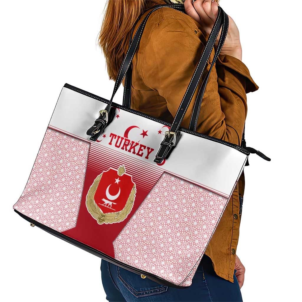 Turkey National Emblem and Cartoon Turkey Bird Leather Tote Bag with Red and White Gradient Design
