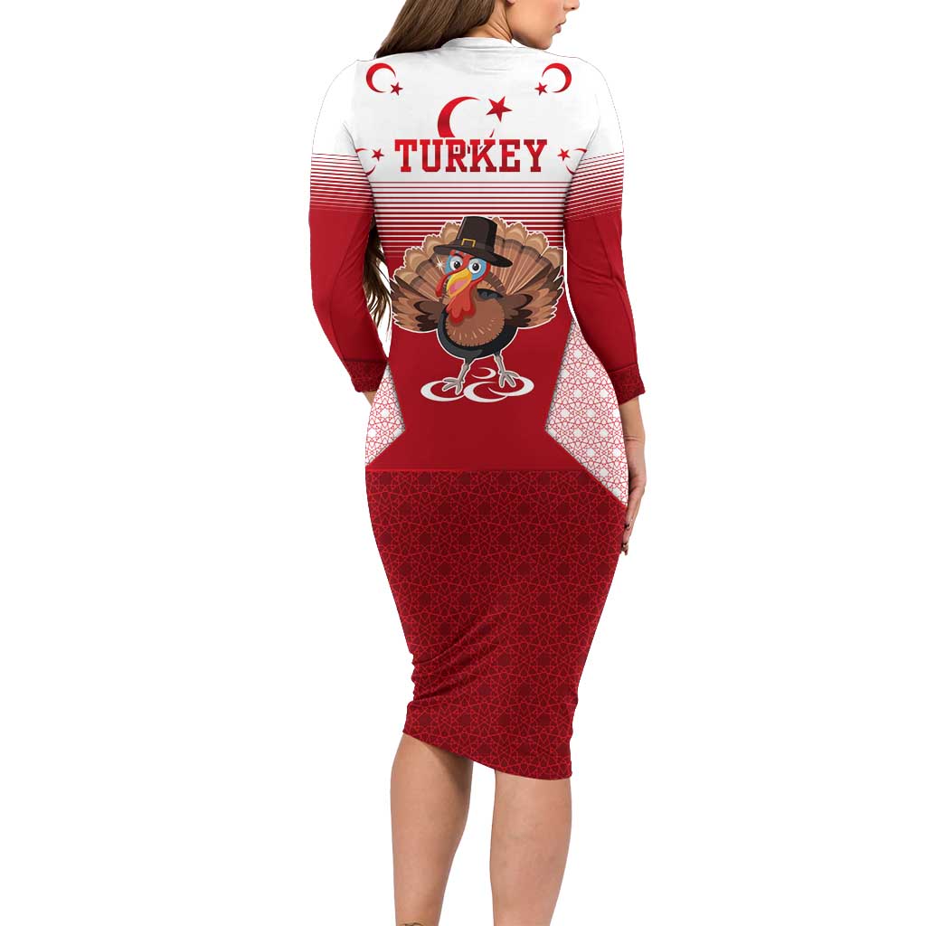 Turkey National Emblem and Cartoon Turkey Bird Long Sleeve Bodycon Dress with Red and White Gradient Design