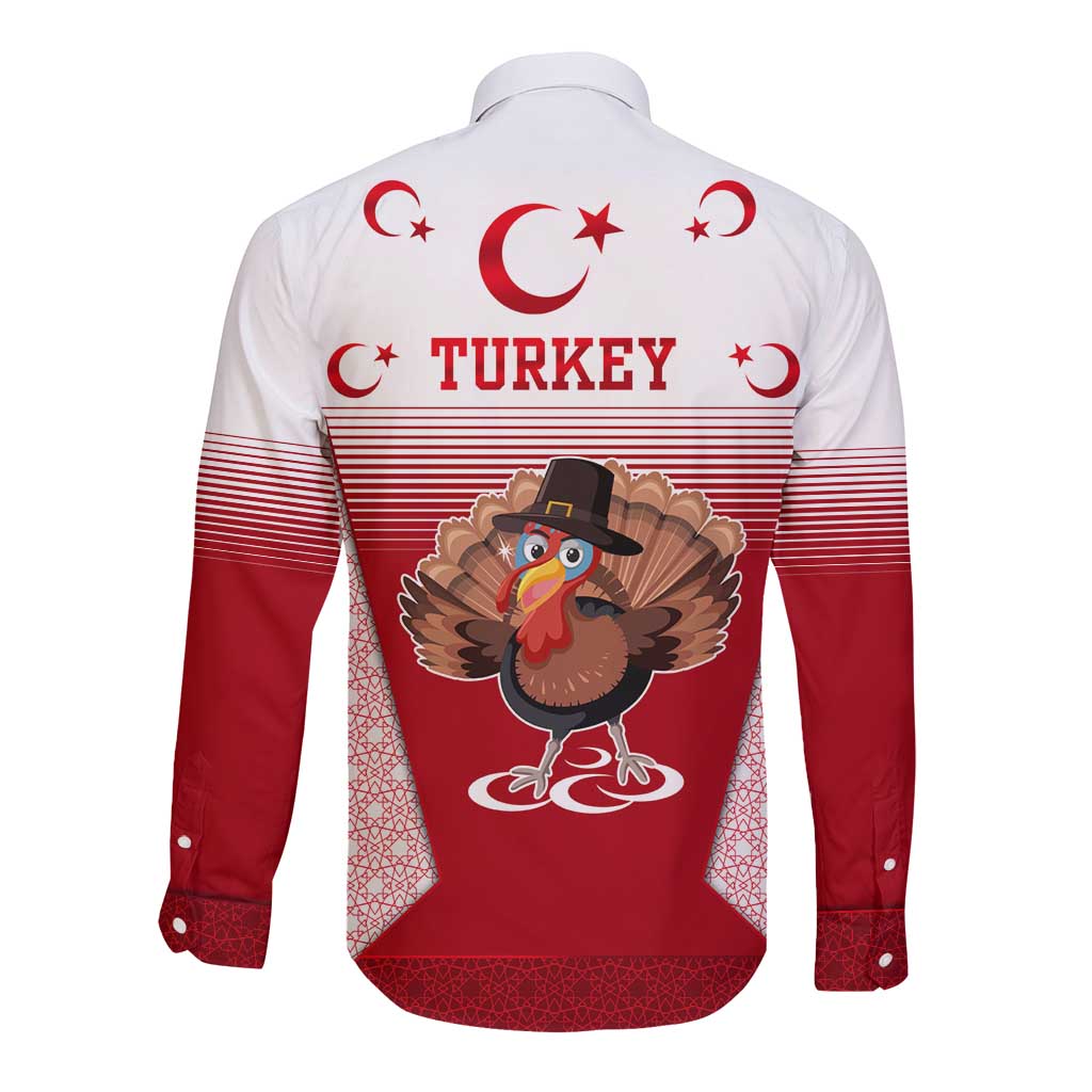 Turkey National Emblem and Cartoon Turkey Bird Long Sleeve Button Shirt with Red and White Gradient Design