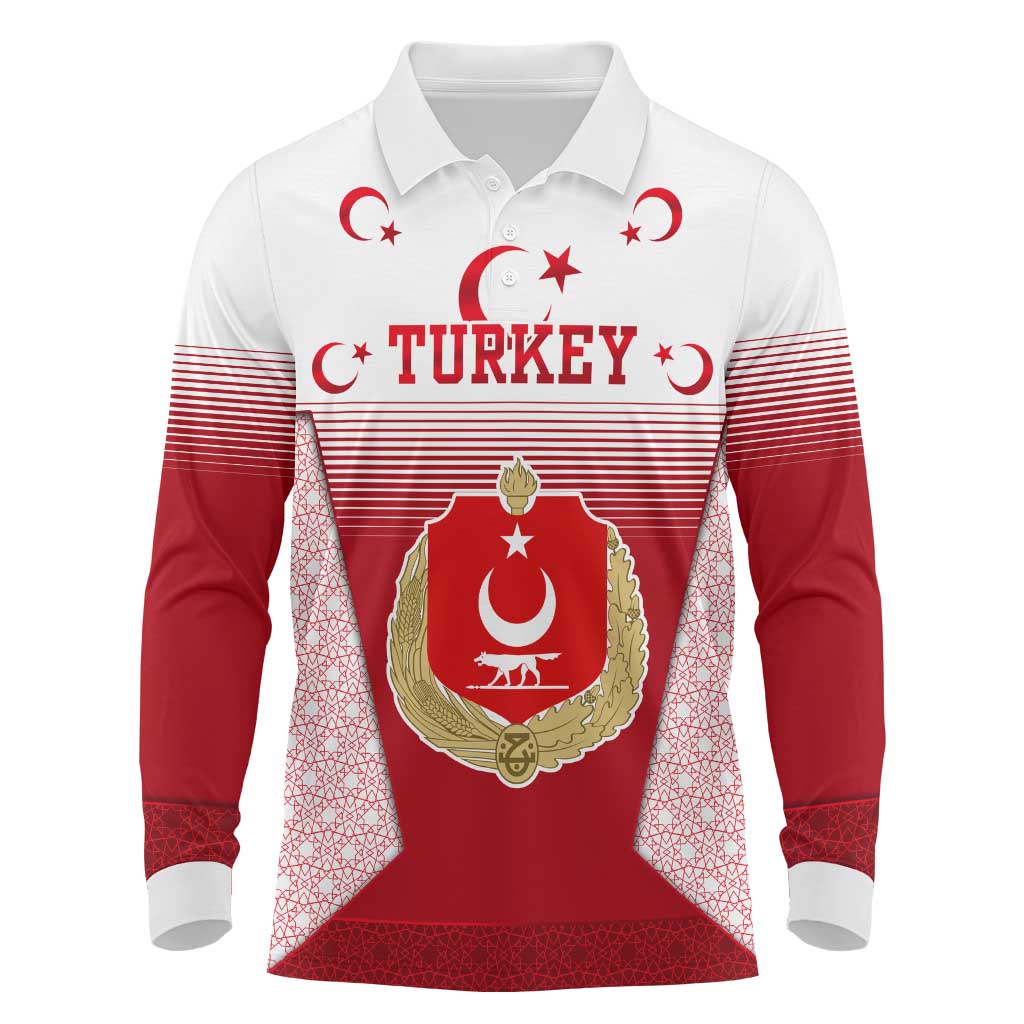 Turkey National Emblem and Cartoon Turkey Bird Long Sleeve Polo Shirt with Red and White Gradient Design