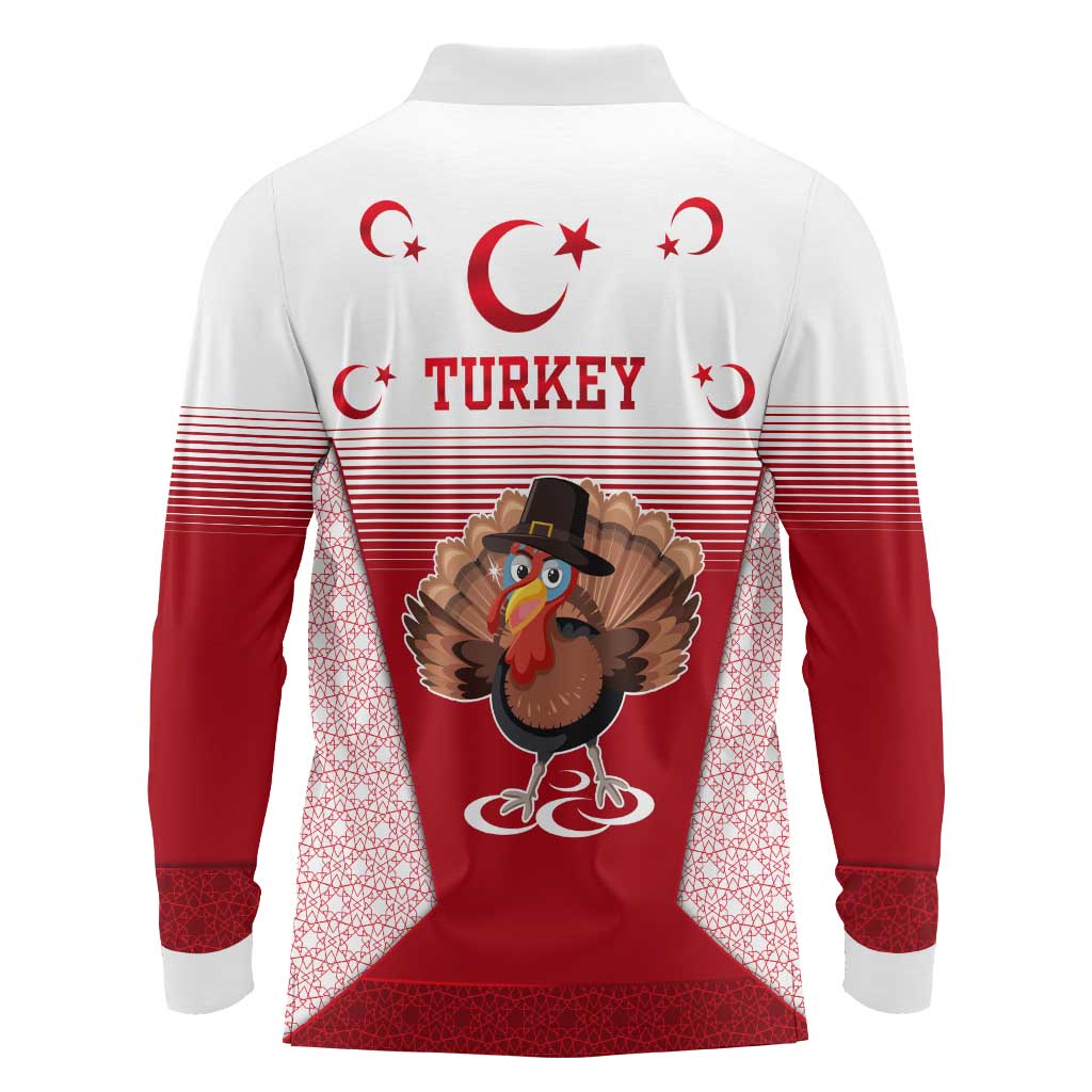 Turkey National Emblem and Cartoon Turkey Bird Long Sleeve Polo Shirt with Red and White Gradient Design