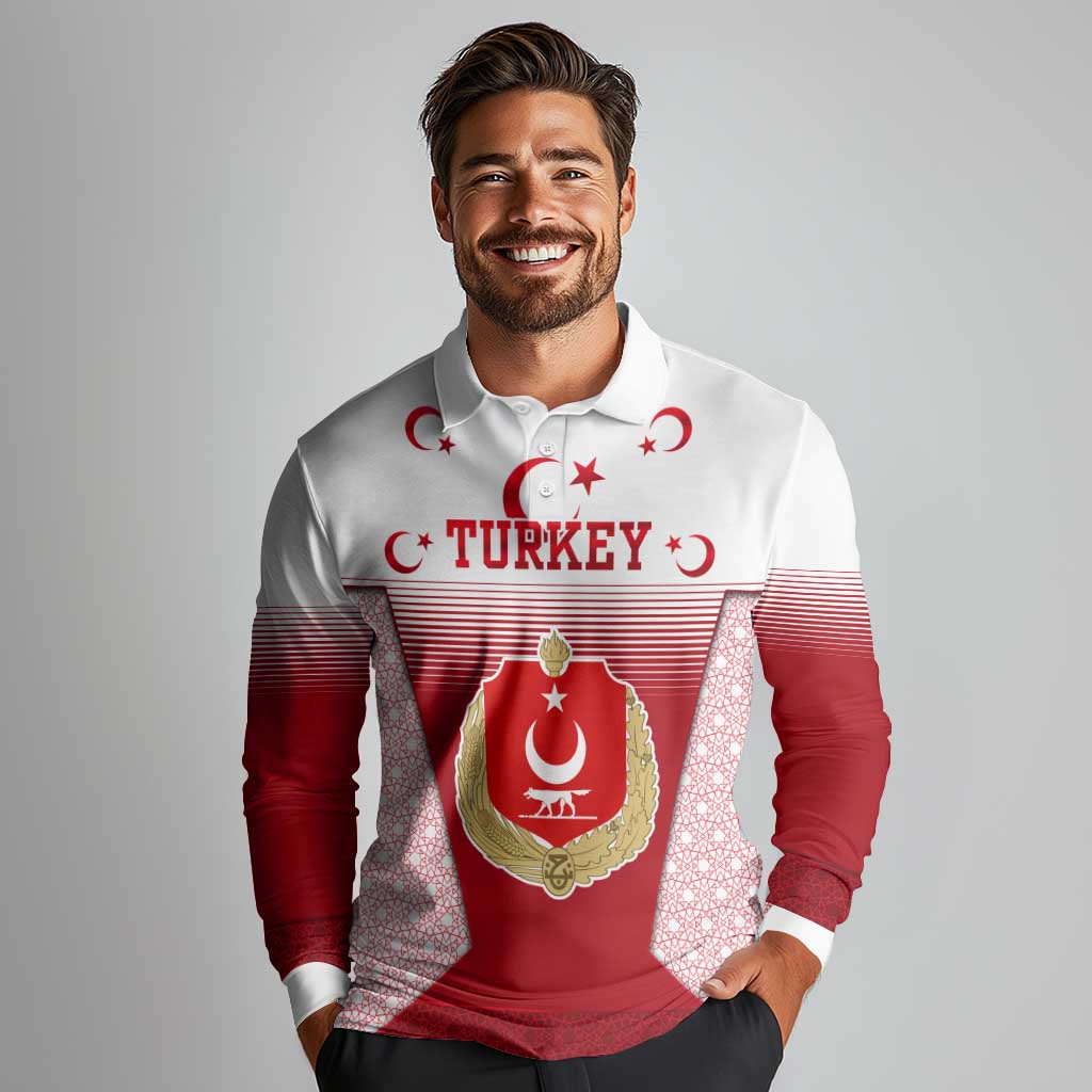 Turkey National Emblem and Cartoon Turkey Bird Long Sleeve Polo Shirt with Red and White Gradient Design