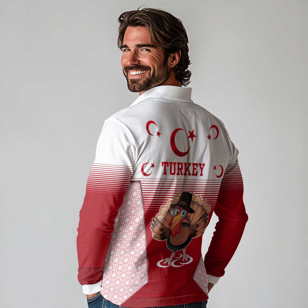 Turkey National Emblem and Cartoon Turkey Bird Long Sleeve Polo Shirt with Red and White Gradient Design