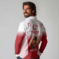 Turkey National Emblem and Cartoon Turkey Bird Long Sleeve Polo Shirt with Red and White Gradient Design