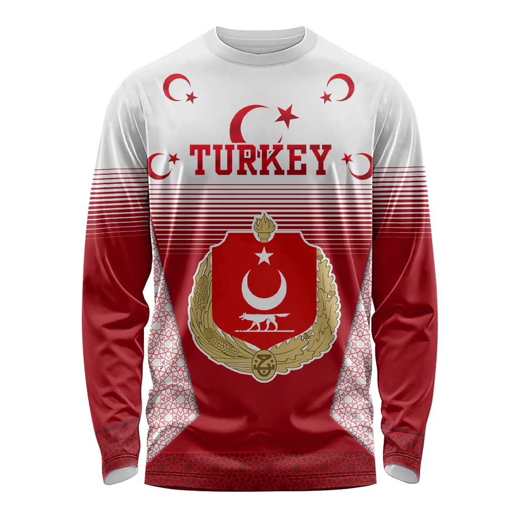 Turkey National Emblem and Cartoon Turkey Bird Long Sleeve Shirt with Red and White Gradient Design