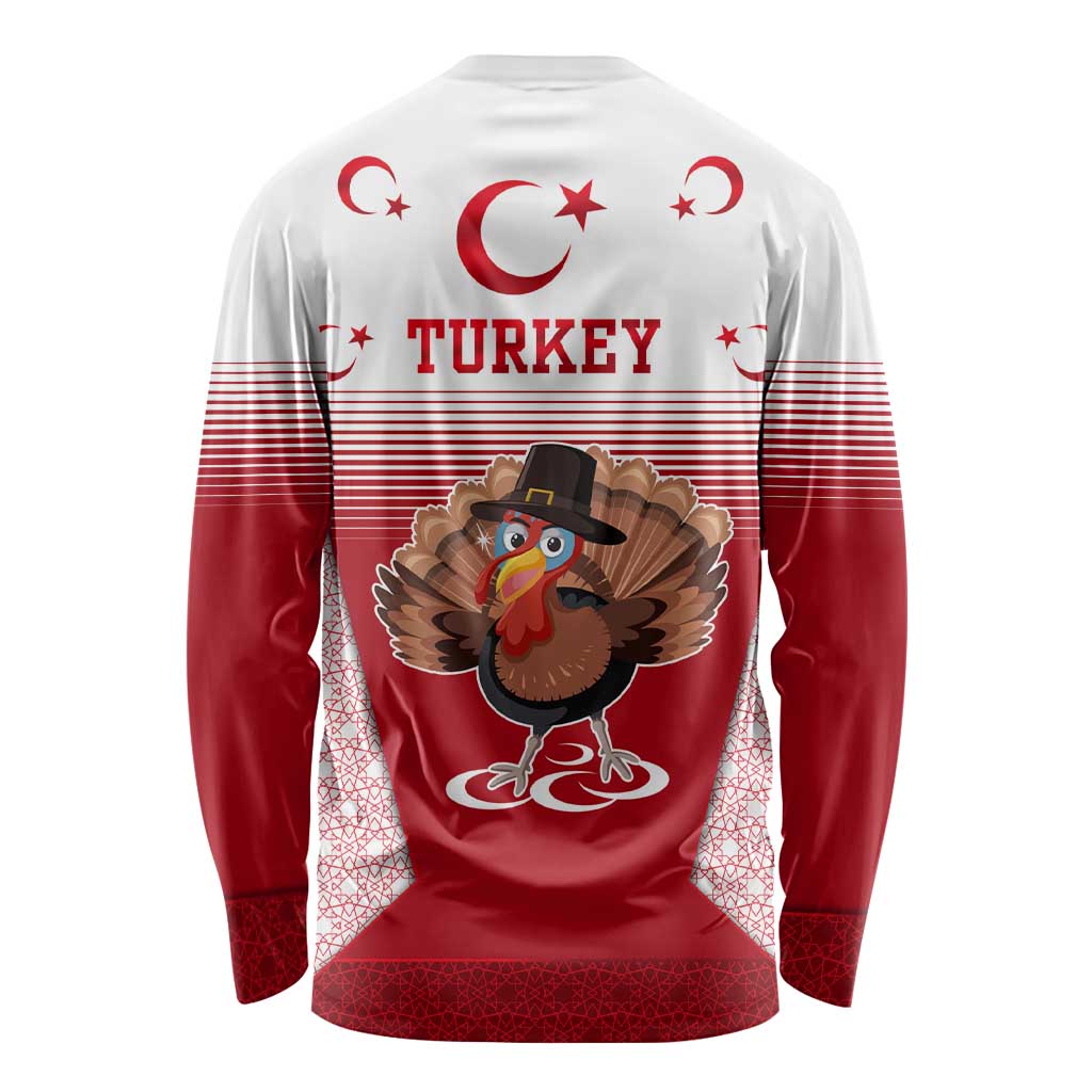 Turkey National Emblem and Cartoon Turkey Bird Long Sleeve Shirt with Red and White Gradient Design
