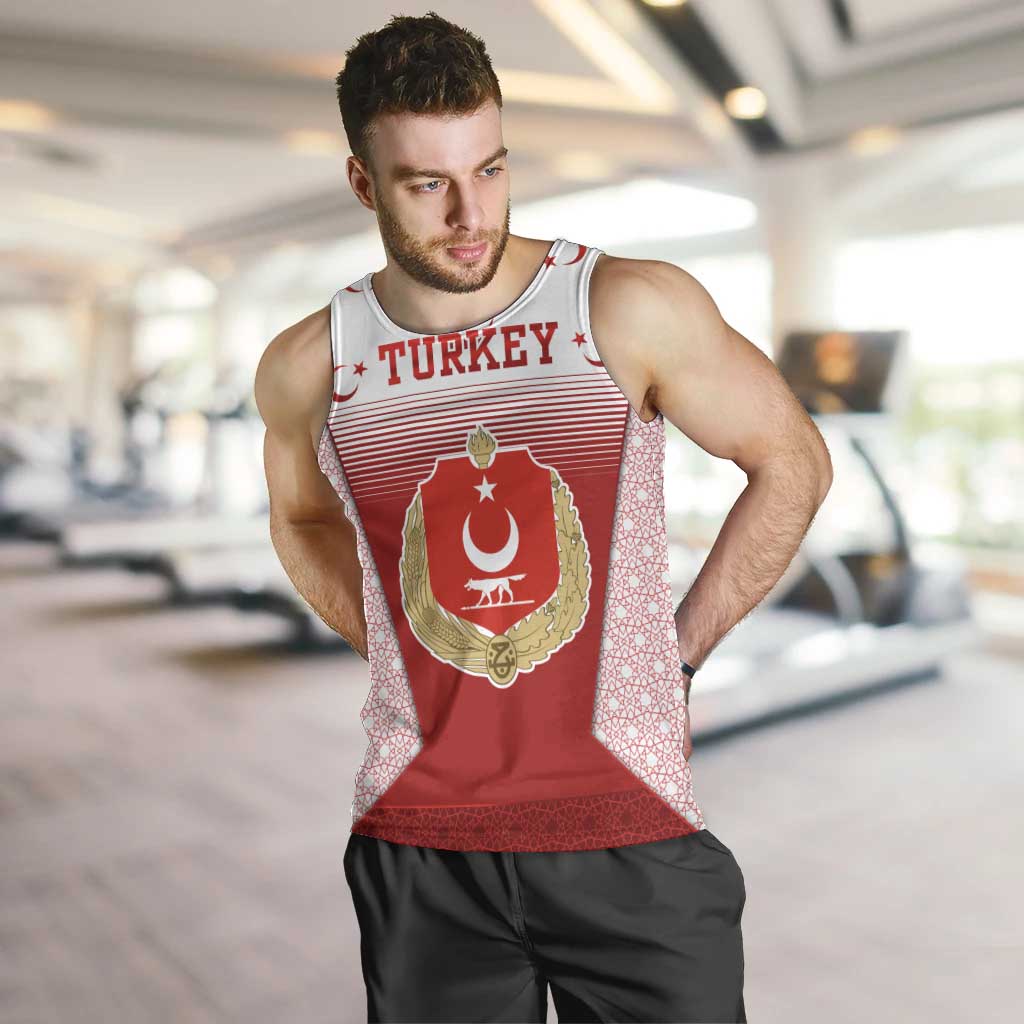 Turkey National Emblem and Cartoon Turkey Bird Men Tank Top with Red and White Gradient Design