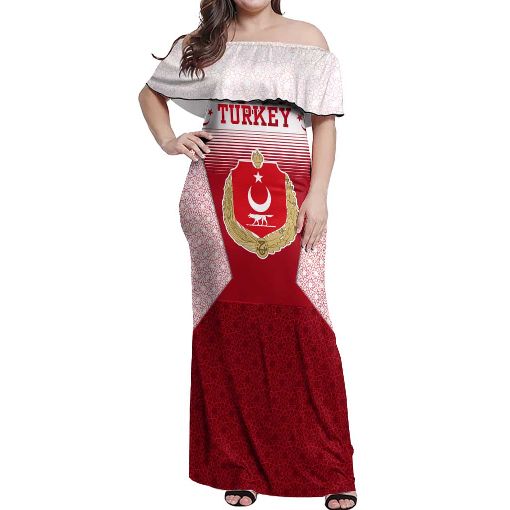 Turkey National Emblem and Cartoon Turkey Bird Off Shoulder Maxi Dress with Red and White Gradient Design