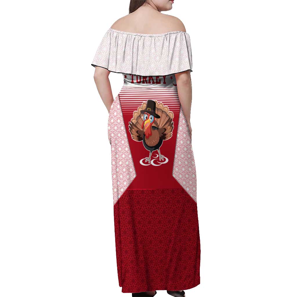 Turkey National Emblem and Cartoon Turkey Bird Off Shoulder Maxi Dress with Red and White Gradient Design