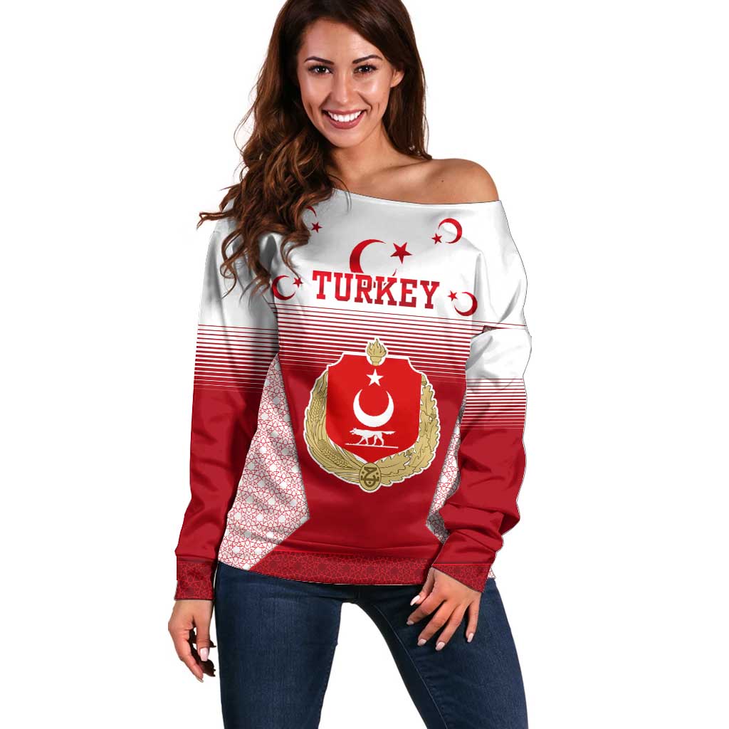 Turkey National Emblem and Cartoon Turkey Bird Off Shoulder Sweater with Red and White Gradient Design